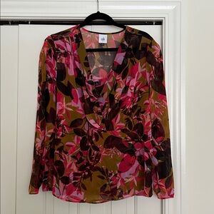 CAbi # 4251 Mia Blouse - Women's V-Neck Floral Blouse - Pink and Brown